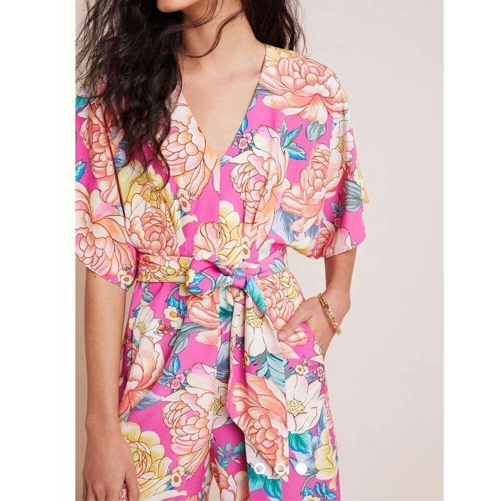 Farm Rio Anthropologie Eulalie pink floral Wide-Leg Jumpsuit size XS - Picture 2 of 13